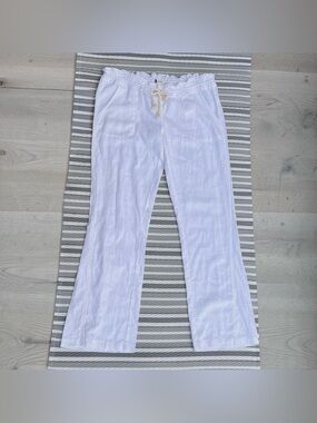 Roxy Oceanside White Linen Blend Drawstring Pull On Flare Pants Size L